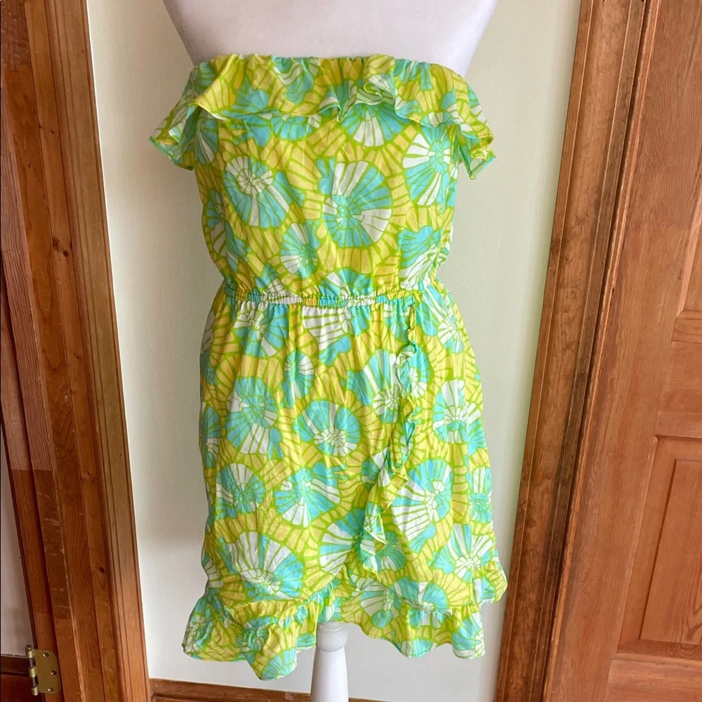 LILLY PULITZER Flor Pink Label Strapless Ruffle Mini Dress Green Yellow VTG - Picture 5 of 17